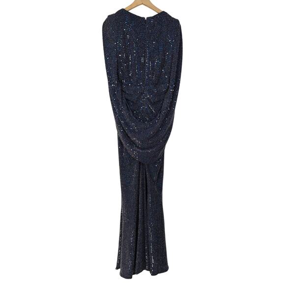 Talbot Runhof Rosin Metallic Navy Draped Gown V-Neck Cape Sleeve 6 36 Preowned - Picture 4 of 14